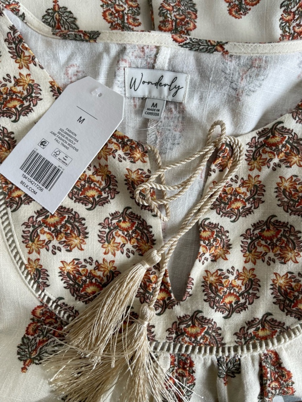 Wonderly Cream Peasant Top with Rust Floral‎ Motif Cottagecore Boho Size M - Picture 9 of 11